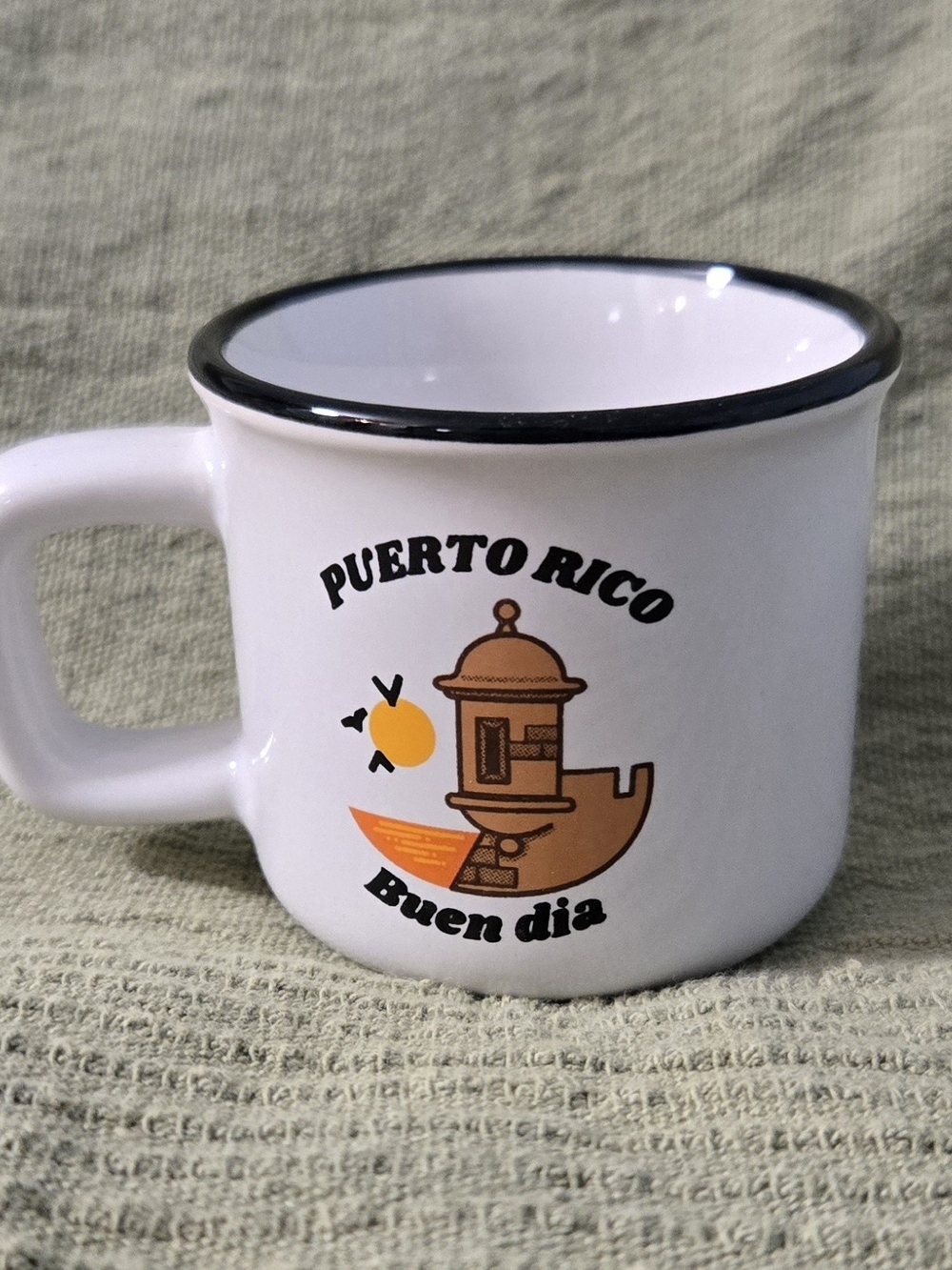 Mine Coffee Cup Set Puerto Rico Buen Dia White Ceramic Mug with Black Trim